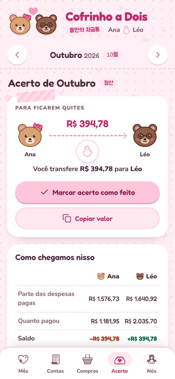 Acerto de outubro: Ana transfere R$ 394,78 para Léo, com o cálculo de quem pagou o quê