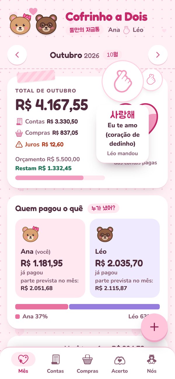 Adesivo do Léo flutuando na tela da Ana: saranghae, eu te amo